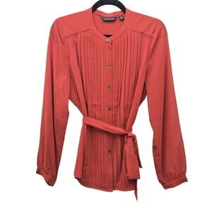 Cynthia Vincent Top Blouse Womens Medium Sheer Pleated Long Sleeve Belted